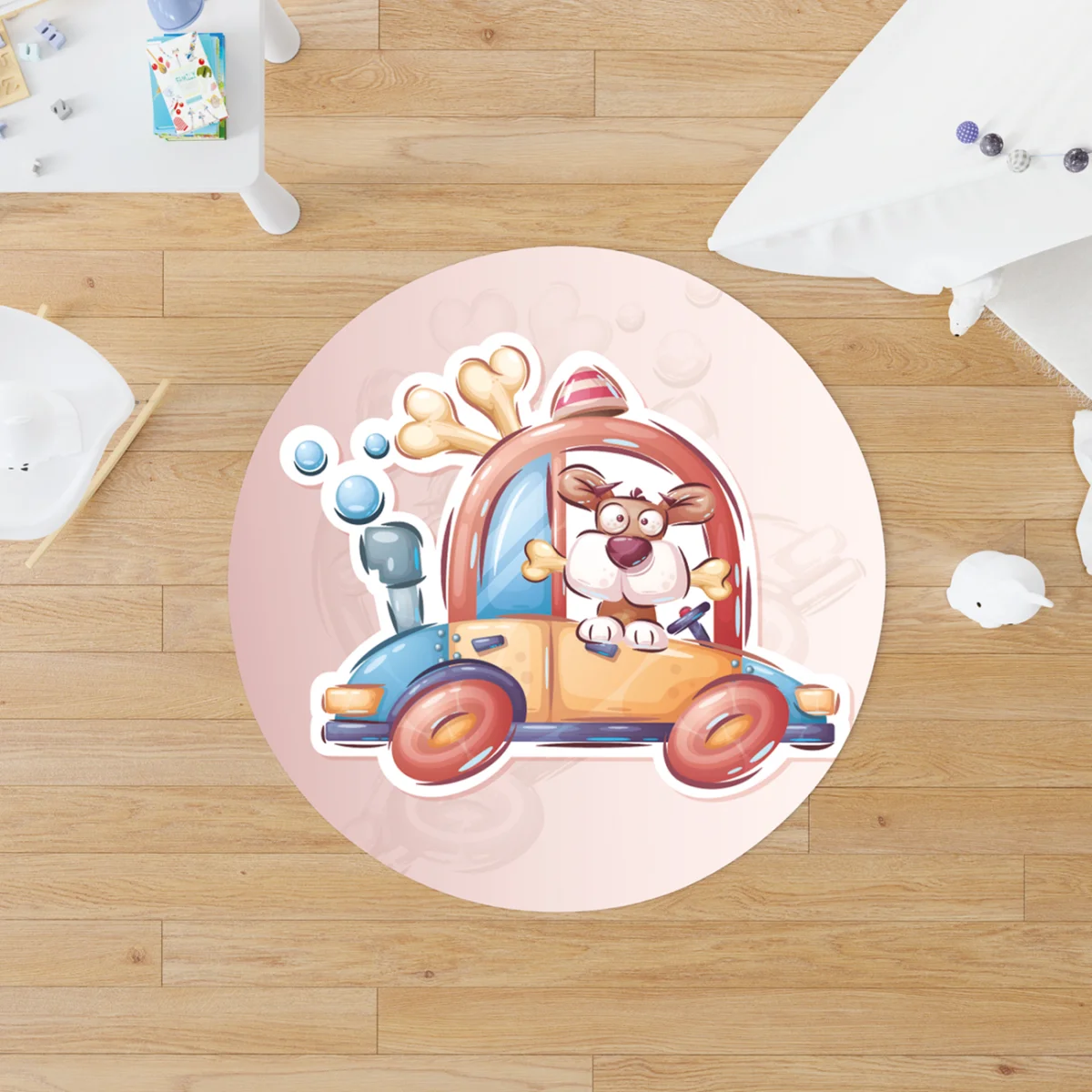 Köpek ve Araba Yuvarlak Halı | Bej Kemik, yazı ve soyut desenler Desenli