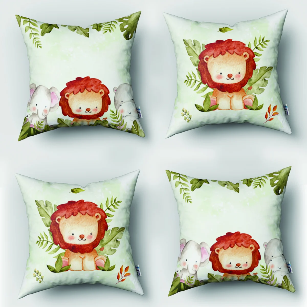 Orman Hayvanları 4lü Kırlent | Yeşil yapraklar, minik beyaz benekler Desenli