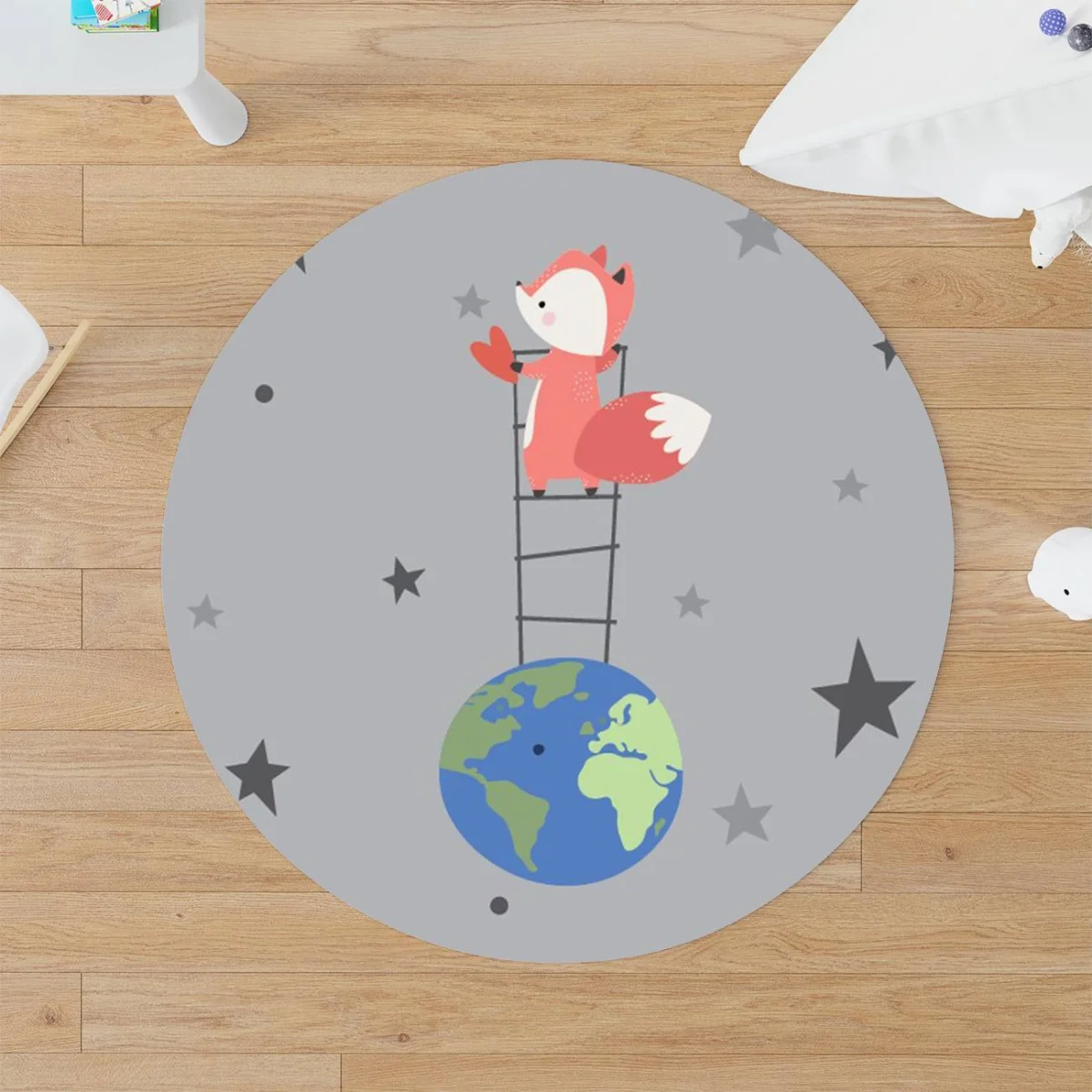 Uzay, Tilki Yuvarlak Halı | Gri Yıldızlar, dünya Desenli