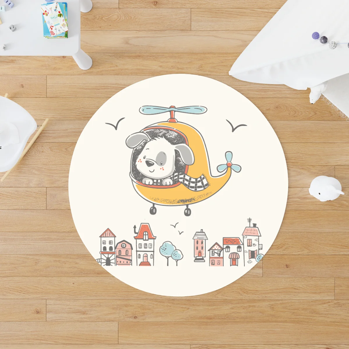 Uçan Köpek Yuvarlak Halı | Beyaz Evler, ağaçlar Desenli