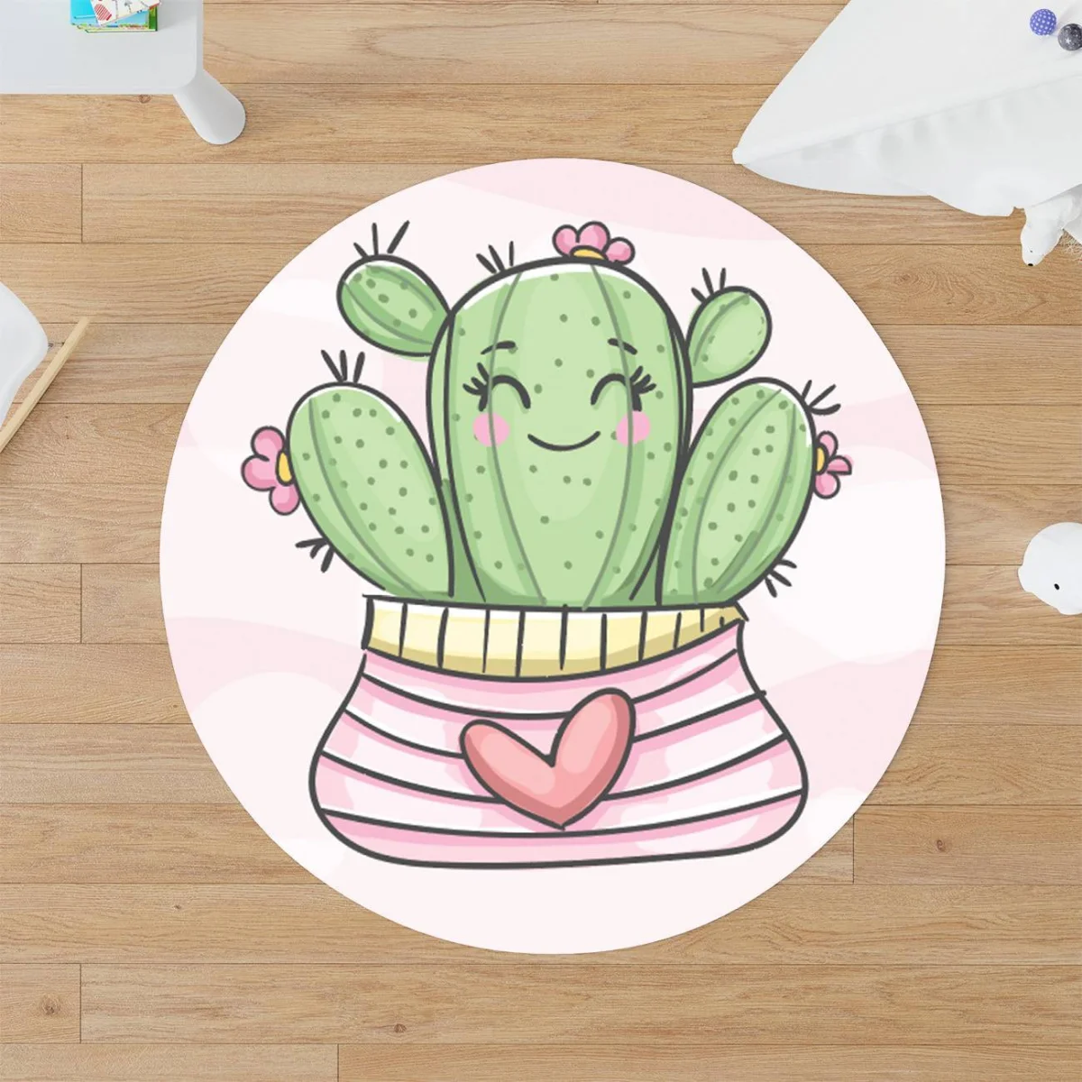 Kaktüs Yuvarlak Halı | Beyaz pembe çizgili saksı, kalp Desenli