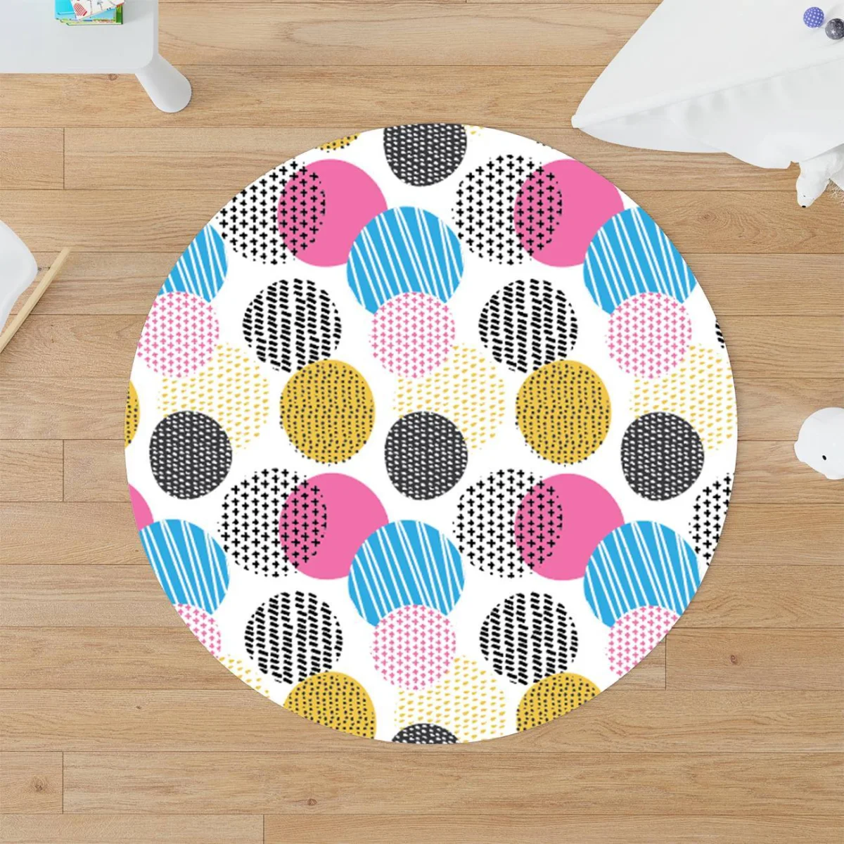 Geometrik desen Yuvarlak Halı | Beyaz Çizgili, noktalı Desenli