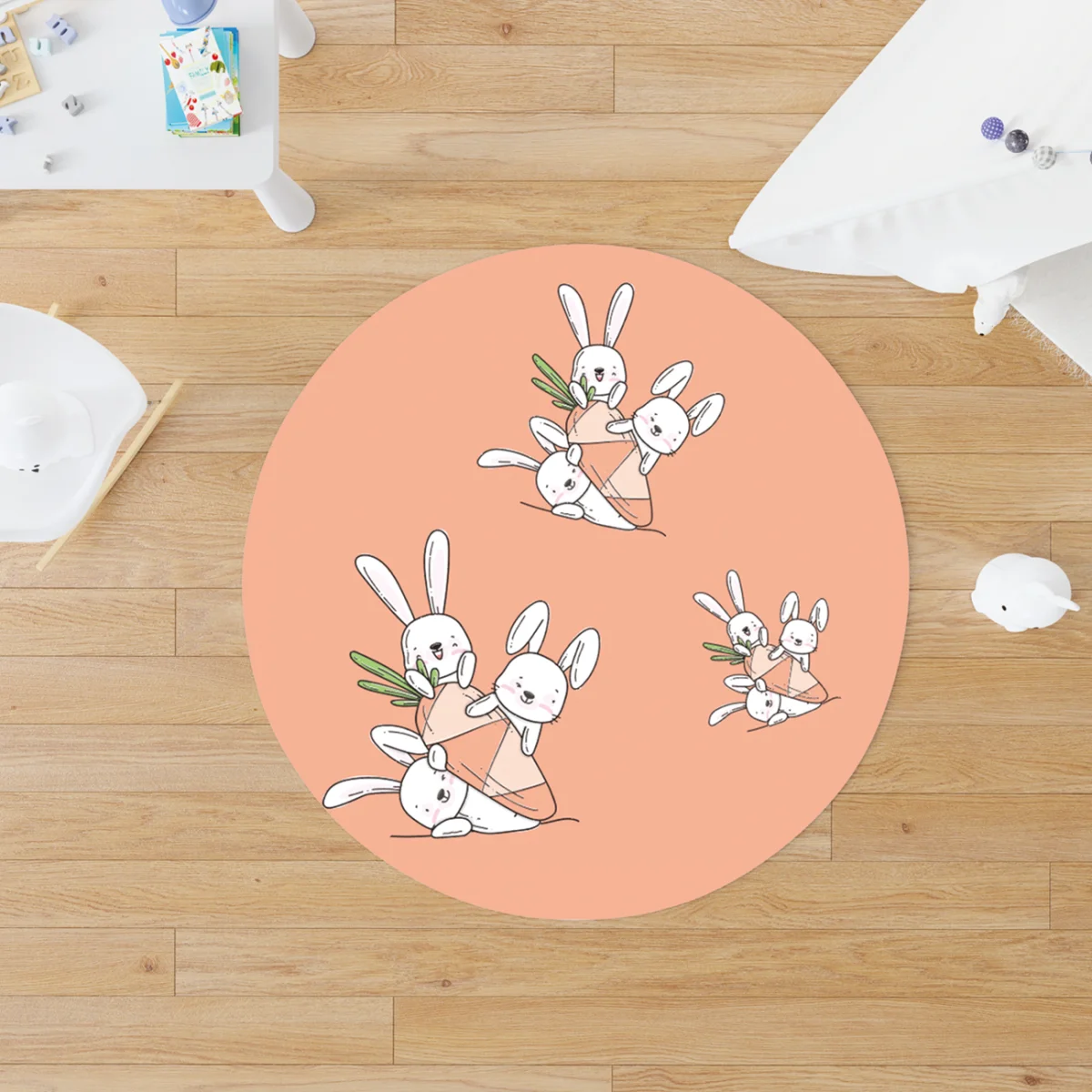 Tavşanlar Yuvarlak Halı | Somon Sevimli beyaz tavşanlar, havuçlar Desenli