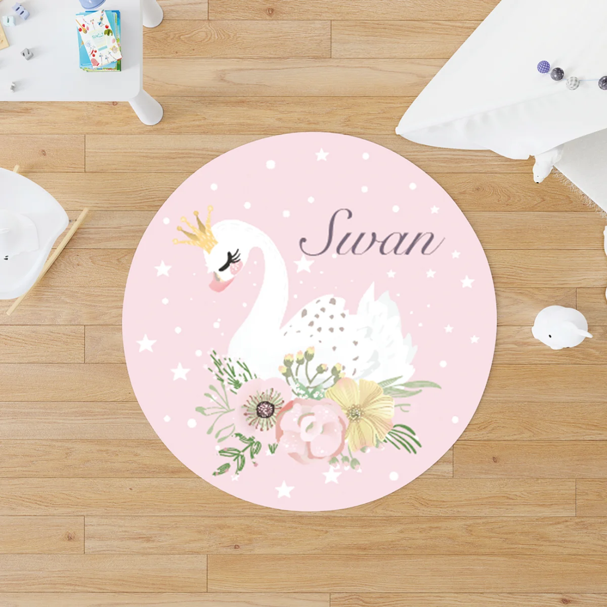 Kuğu Yuvarlak Halı | Pembe yıldız, puantiye Desenli