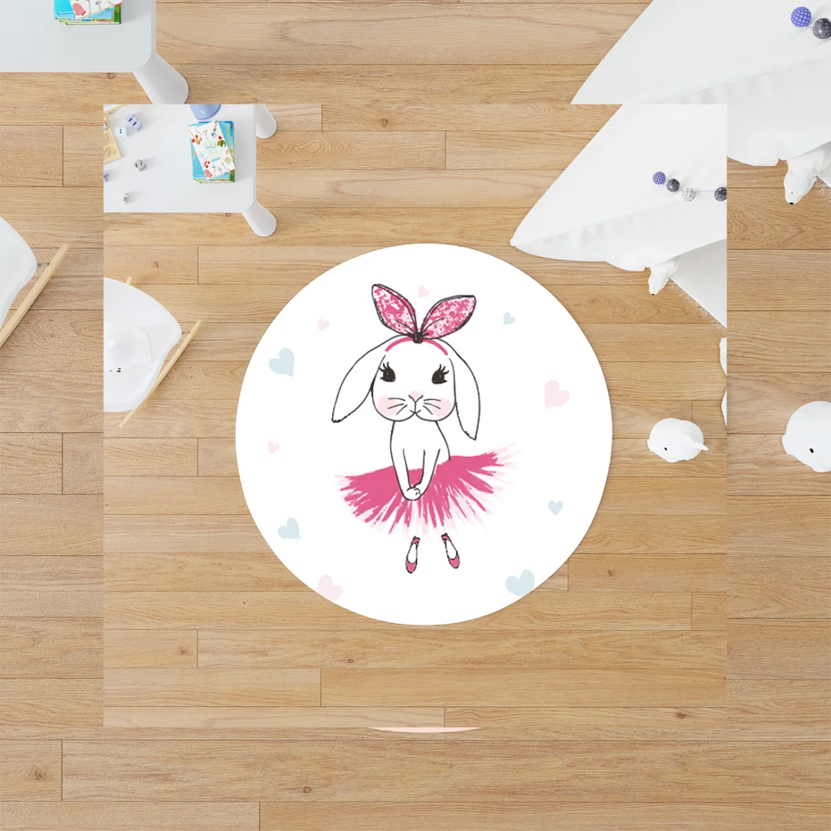 Fil Yuvarlak Halı | Pembe Çiçekler, kalpler Desenli