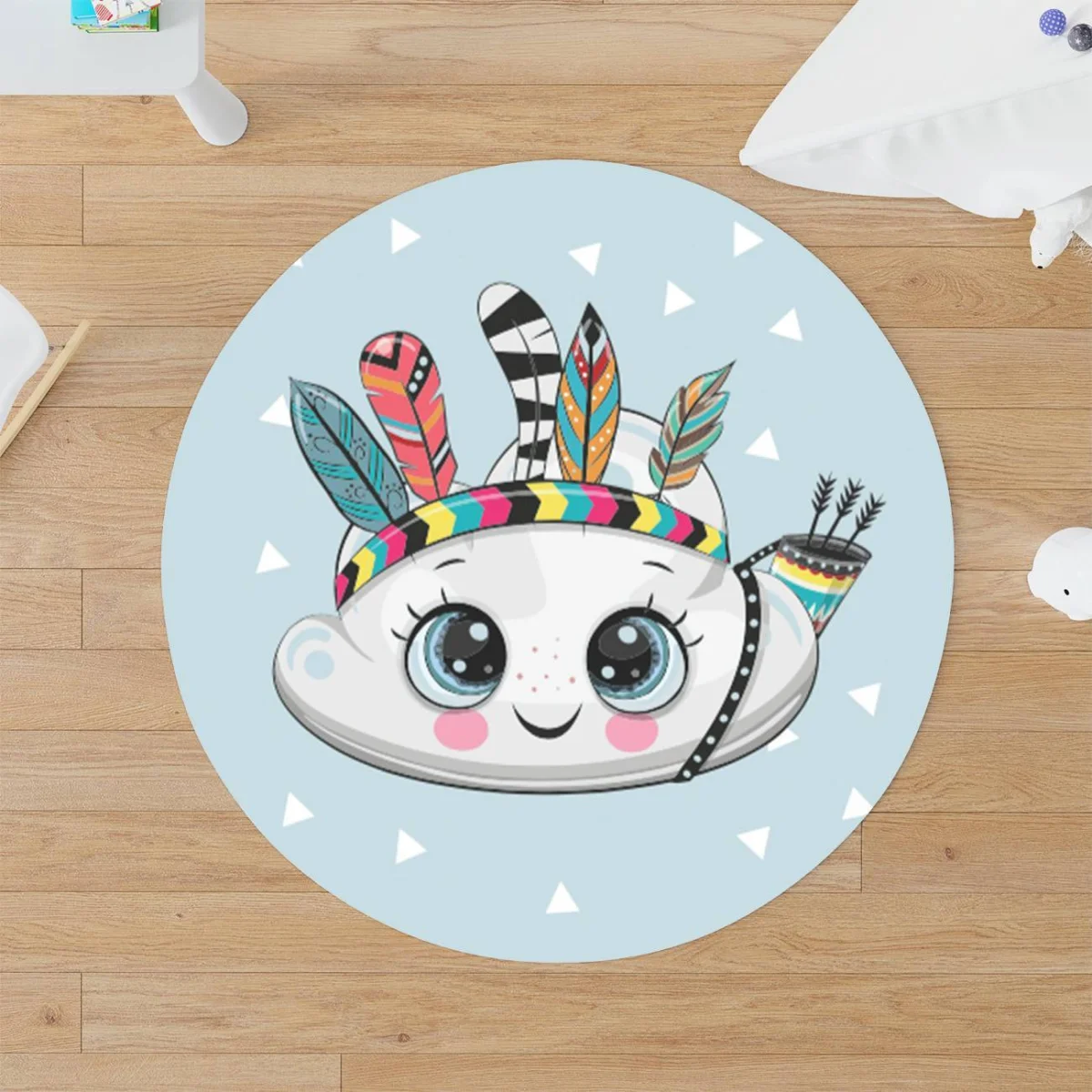 Boho Bulut Yuvarlak Halı | Açık Mavi küçük üçgenler, oklar Desenli