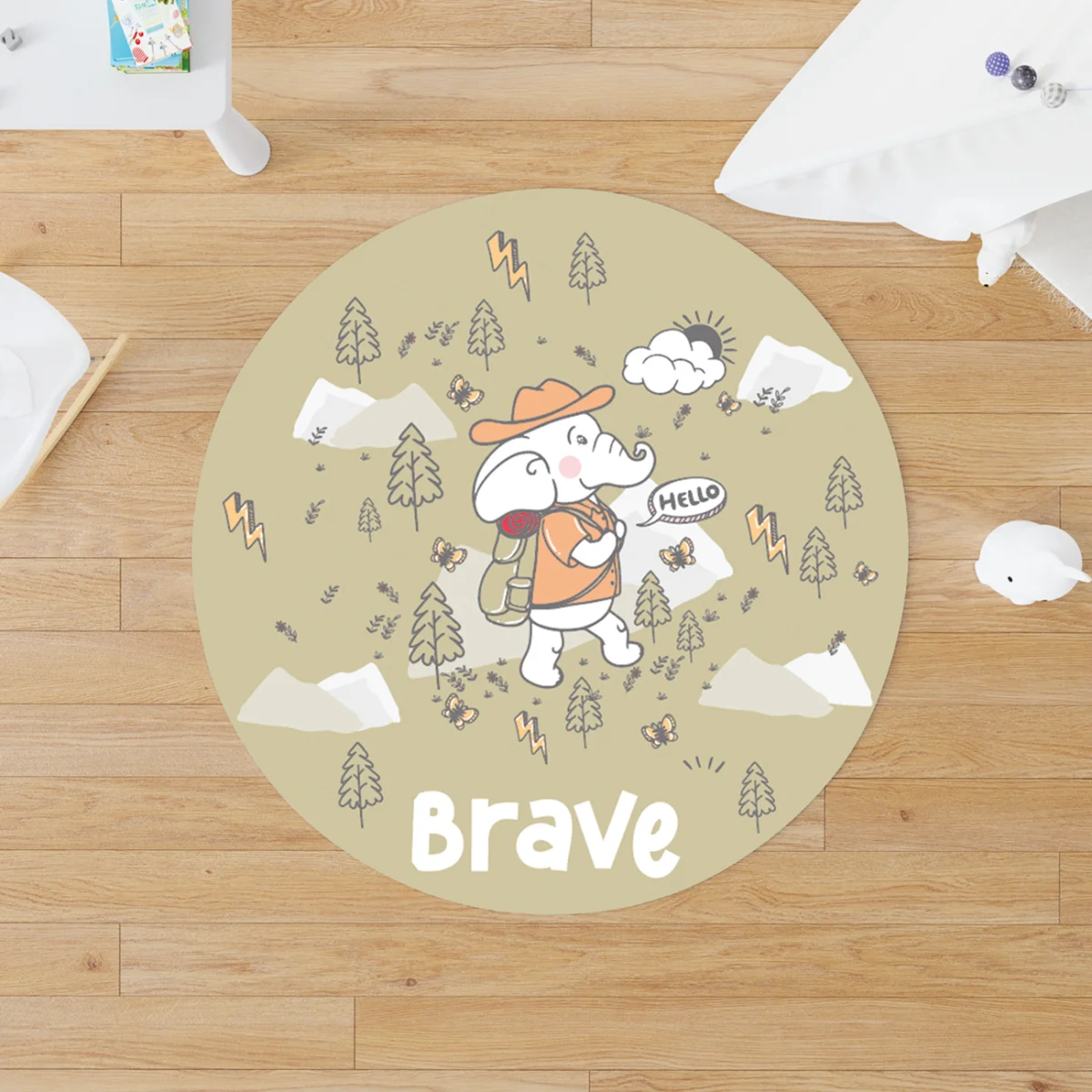 Maceracı Fil Yuvarlak Halı | Haki dağlar, ağaçlar Desenli