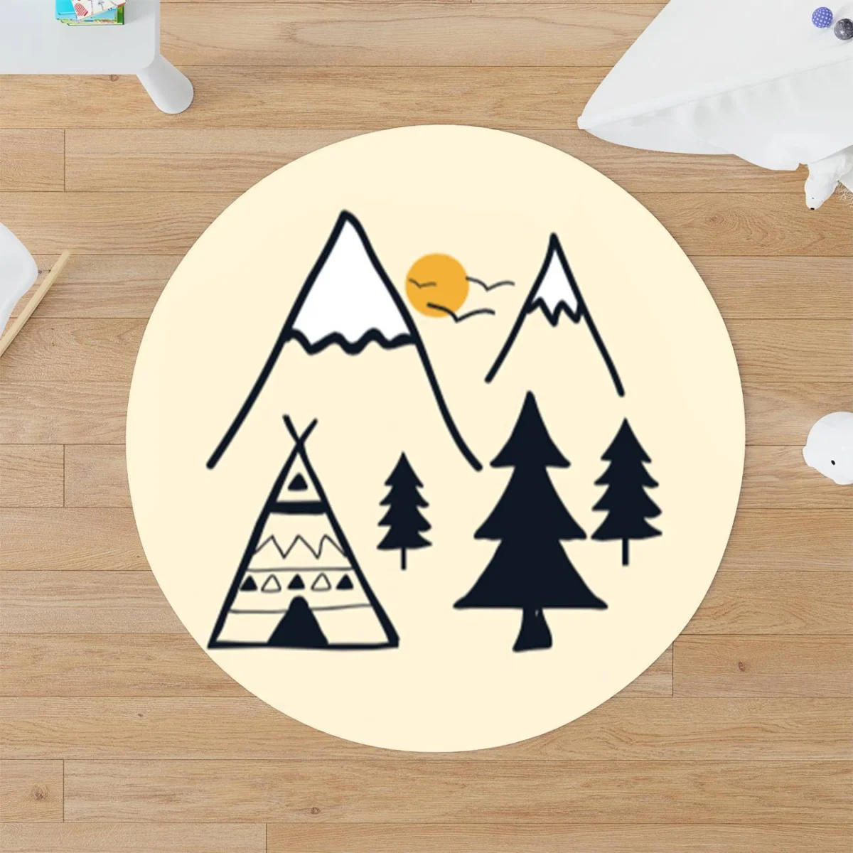 Doğa ve Macera Yuvarlak Halı | Krem Dağlar, güneş Desenli