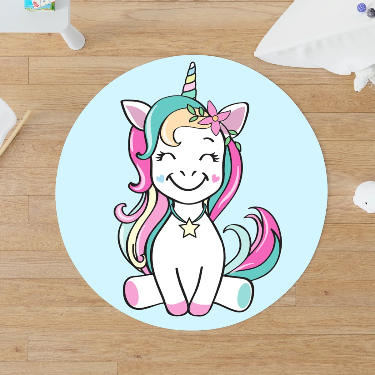 Unicorn Yuvarlak Halı | Mavi gökkuşağı, bulutlar Desenli