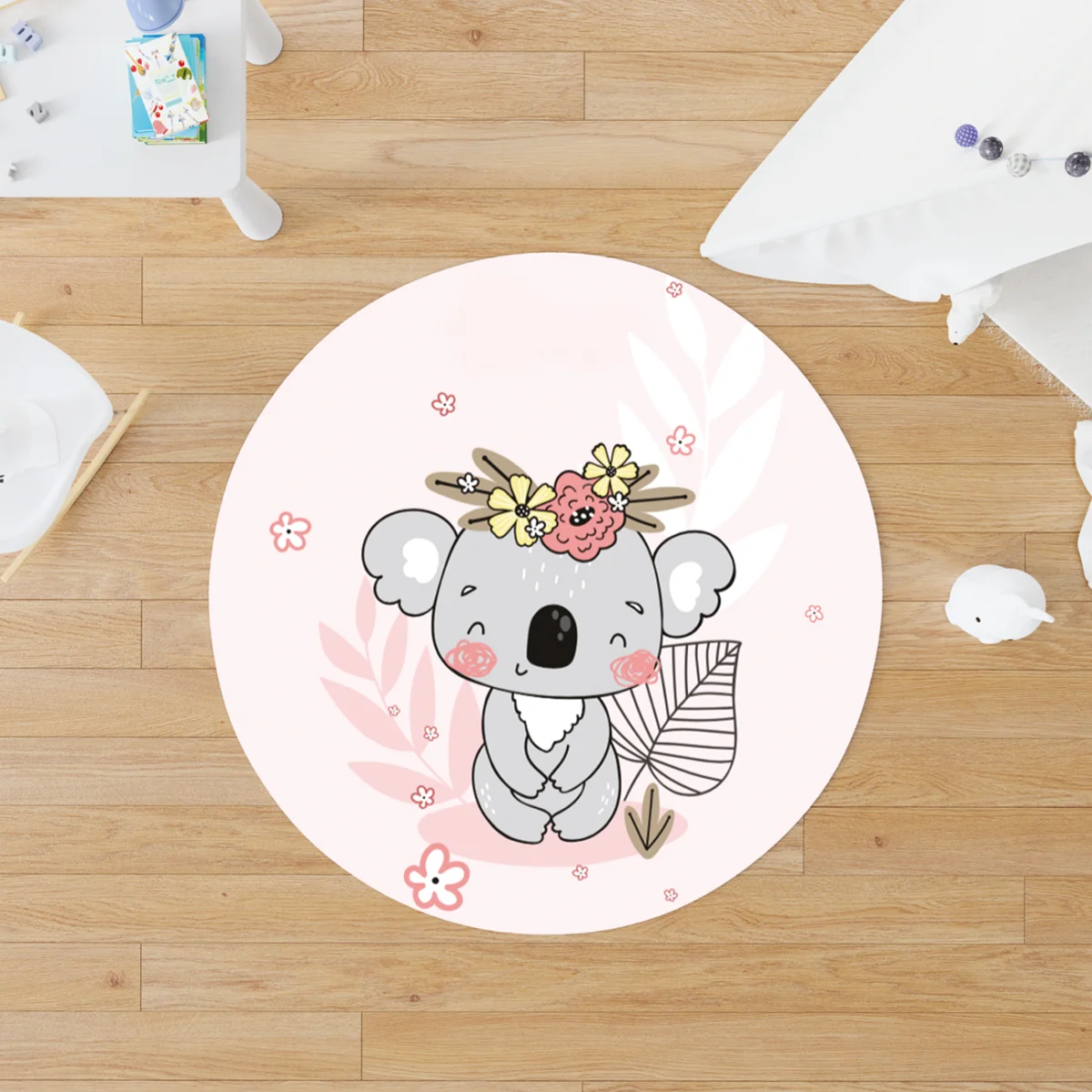 Koala Yuvarlak Halı | Pembe çiçekler, yapraklar Desenli