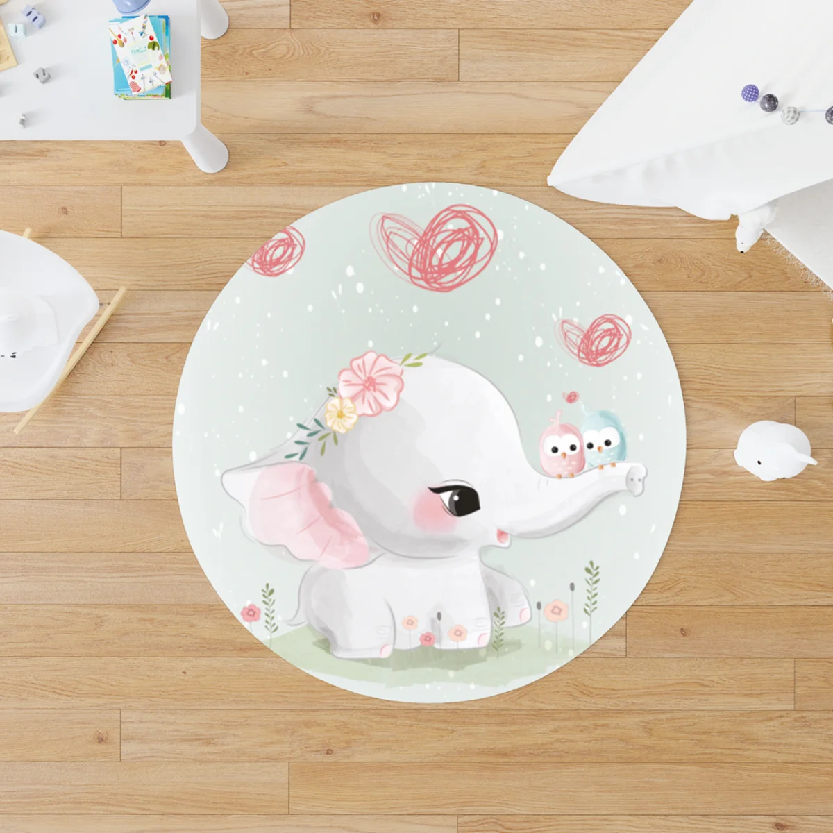 Sevimli Fil Yuvarlak Halı | Açık Yeşil Kalpler, kuşlar Desenli