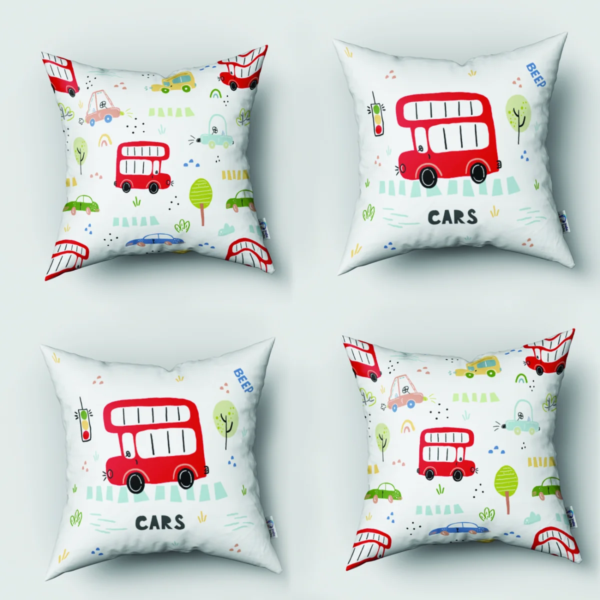 Arabalar 4lü Kırlent | Beyaz gökkuşağı, bulut Desenli