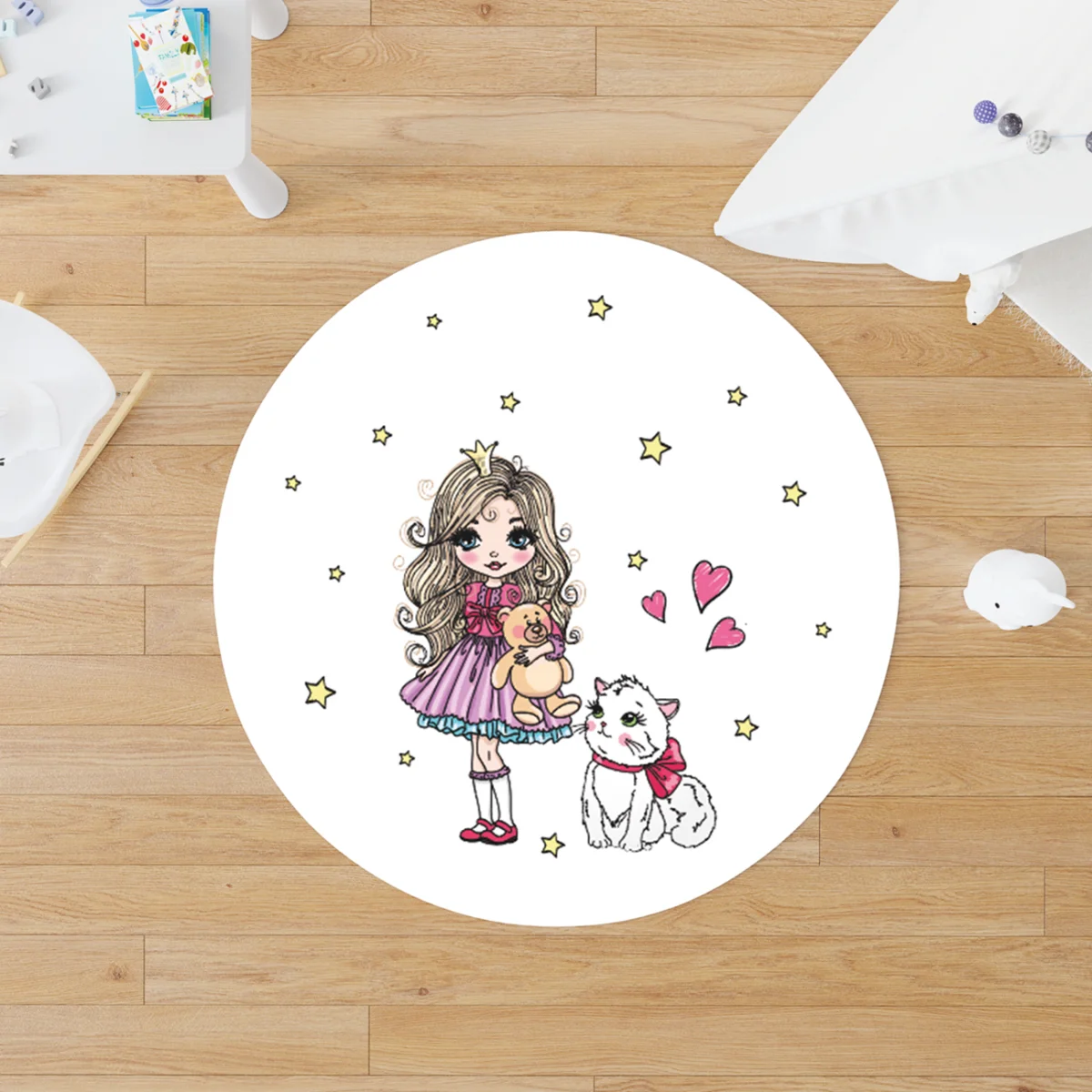 Prenses Yuvarlak Halı | Beyaz yıldızlar, kalpler Desenli