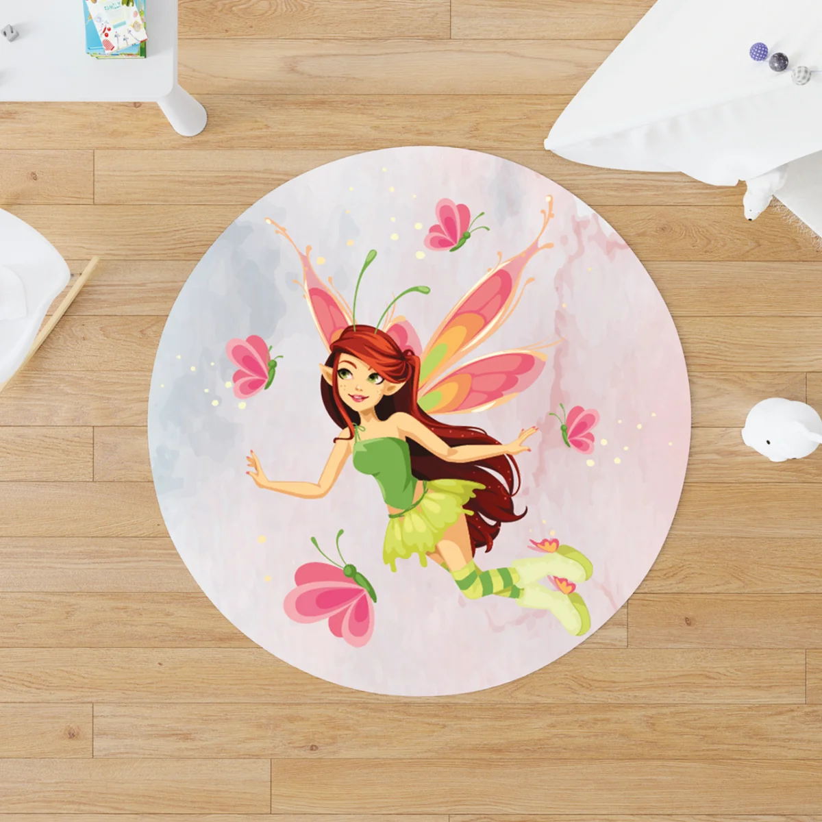 Peri Yuvarlak Halı | Açık Gri Kelebekler, suluboya efektli Desenli