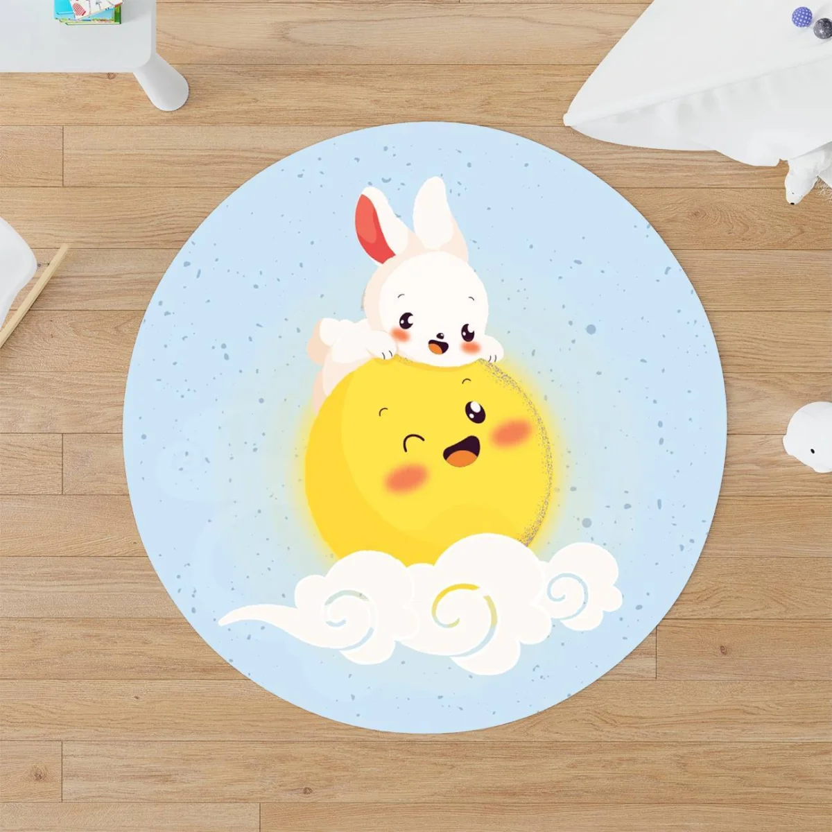 Ayda Tavşan Yuvarlak Halı | Mavi yıldız, bulut Desenli