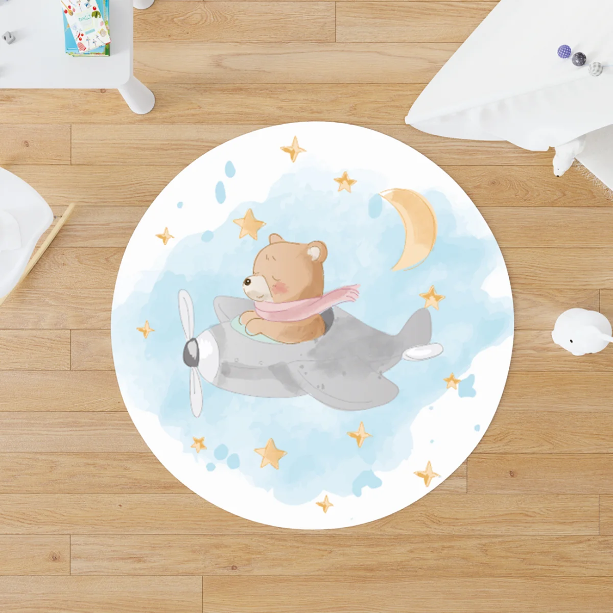 Ayı, uçak Yuvarlak Halı | Mavi yıldız, ay Desenli