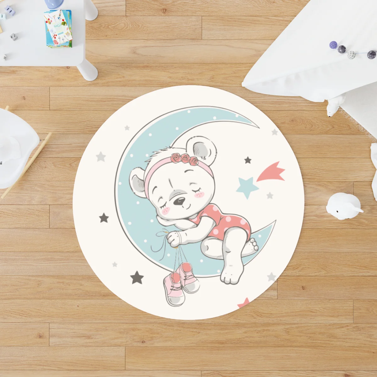 Ayda uyuyan ayı Yuvarlak Halı | Beyaz yıldızlar, ay Desenli