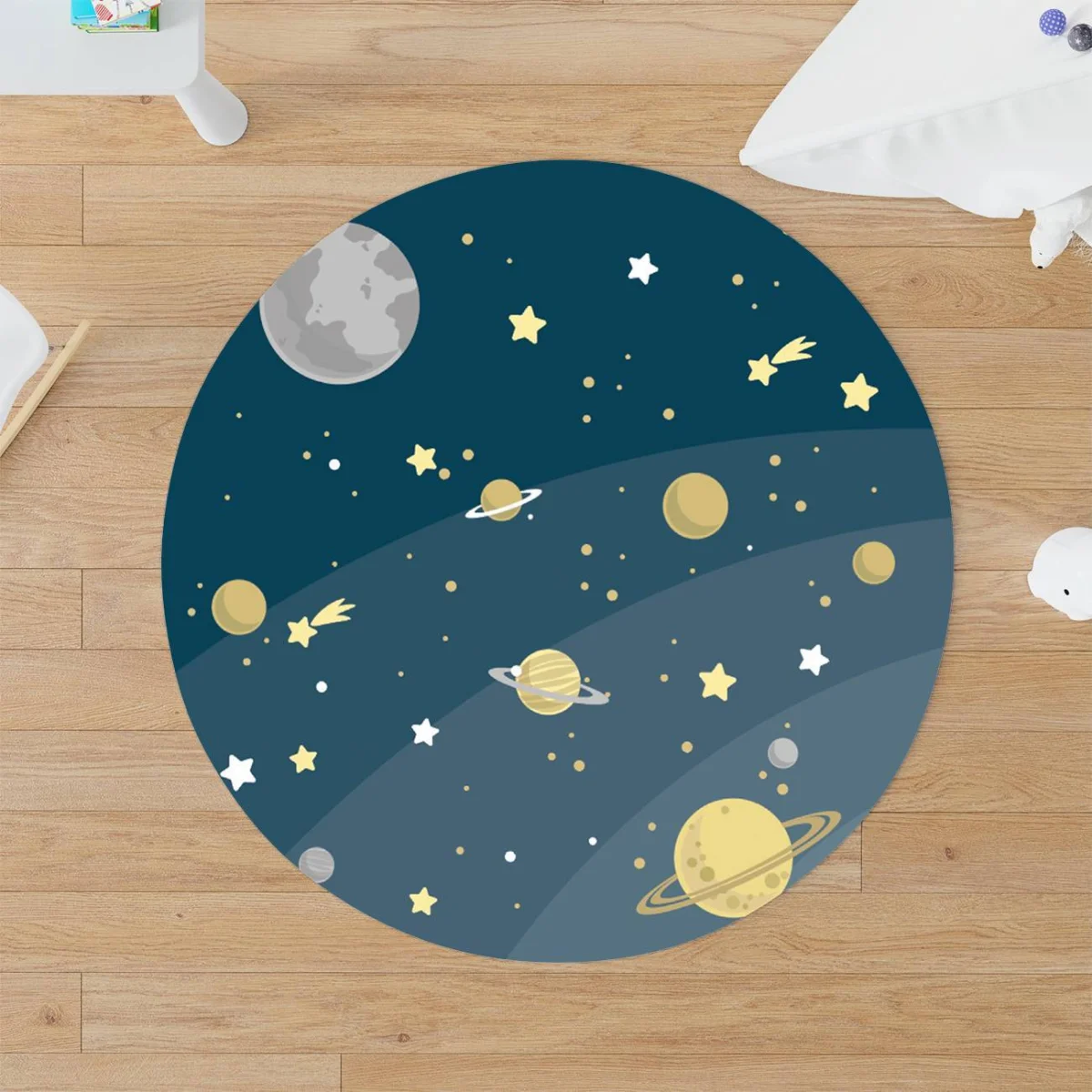 Uzay Yuvarlak Halı | Mavi gezegenler, yıldızlar Desenli