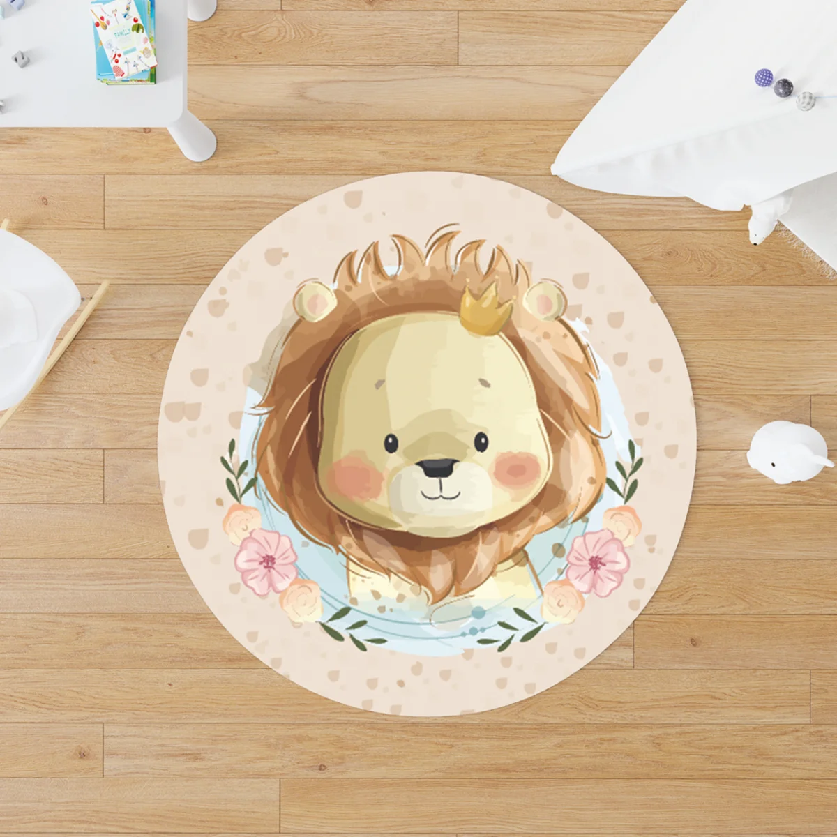 Orman Hayvanları Yuvarlak Halı | Bej kalpler, çiçekler Desenli