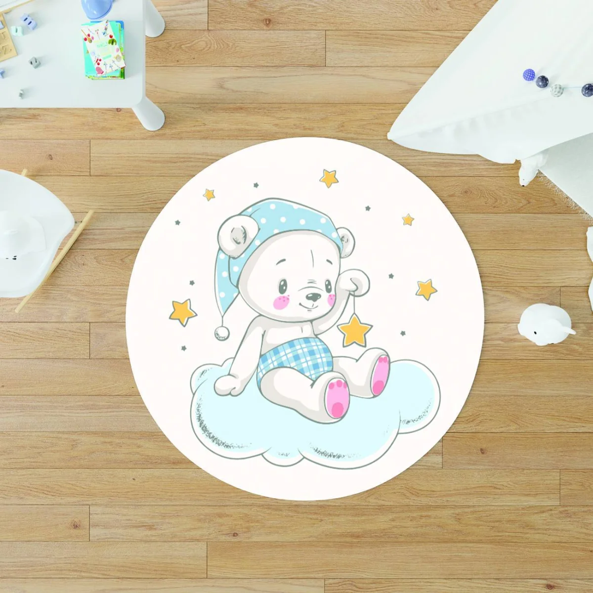 Ayı Yuvarlak Halı | Beyaz yıldızlar, bulut Desenli