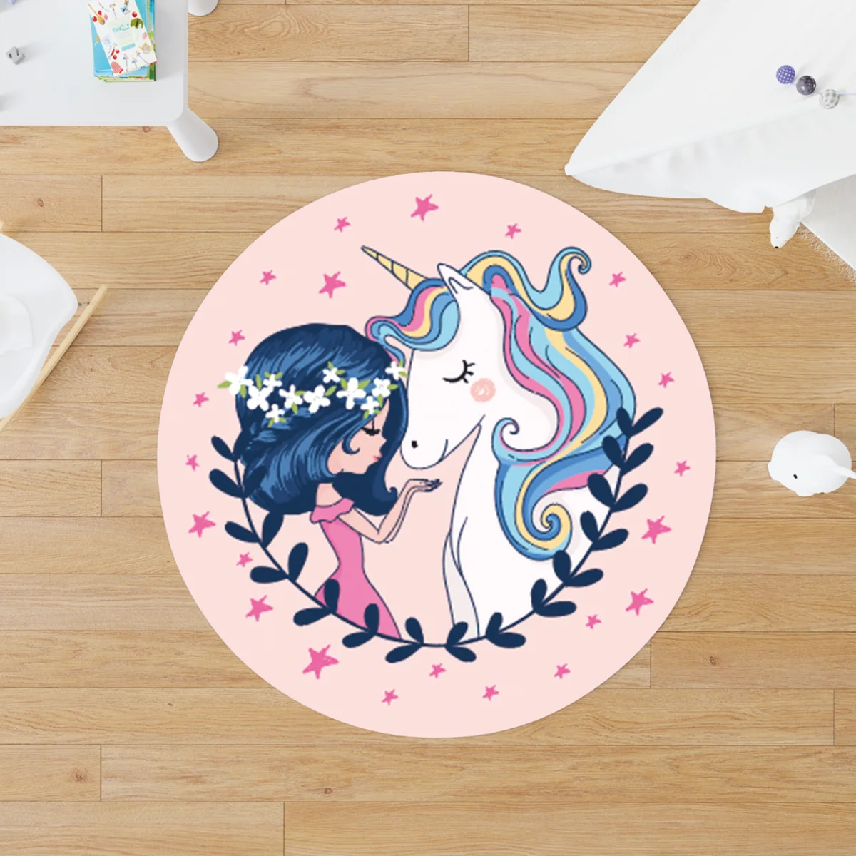 Unicorn Yuvarlak Halı | Pembe yıldız, çiçekler Desenli