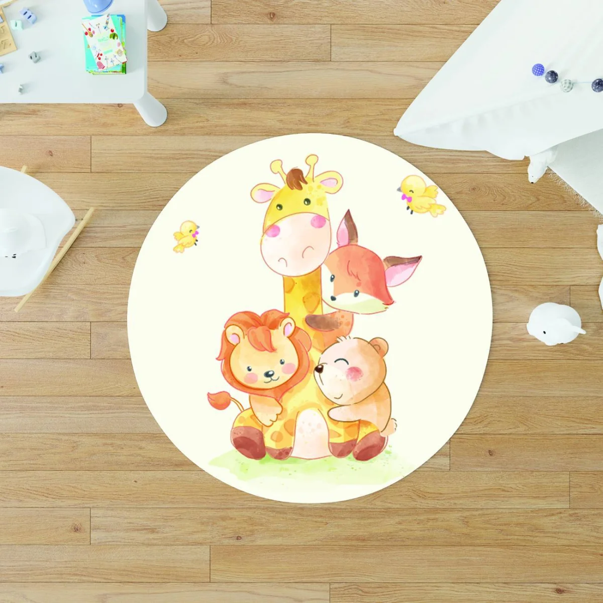 Orman Hayvanları Yuvarlak Halı | Beyaz küçük kuşlar, yapraklar Desenli