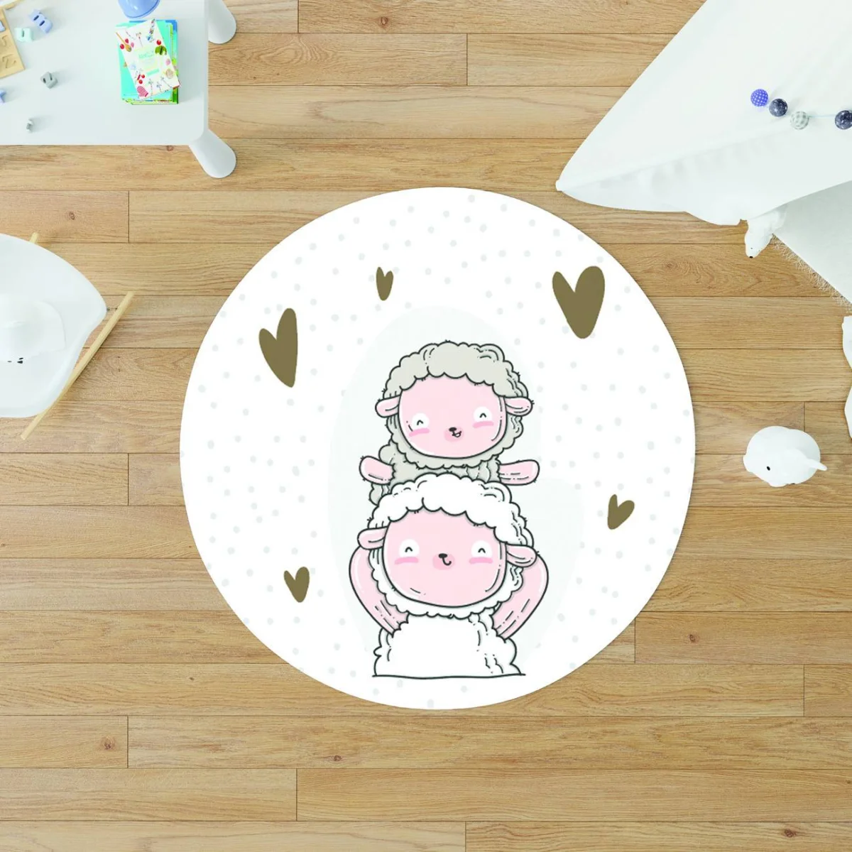 Koyunlar Yuvarlak Halı | Beyaz puantiye, kalp Desenli