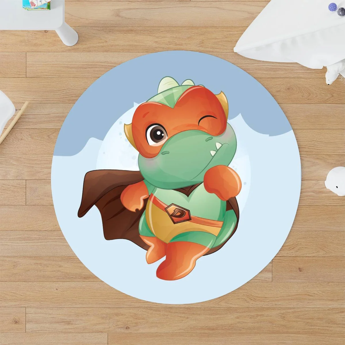 Süper Kahraman Dinozorlar Yuvarlak Halı | Mavi şehir silüetleri, ay Desenli