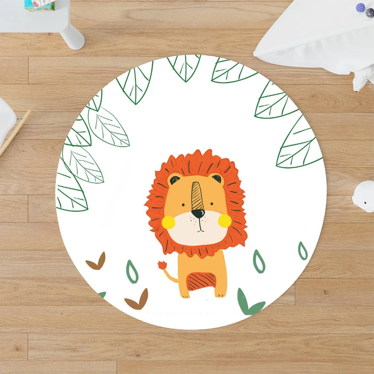 Aslan Yuvarlak Halı | Beyaz Yeşil yapraklar, küçük kahverengi ve yeşil yapraklar Desenli