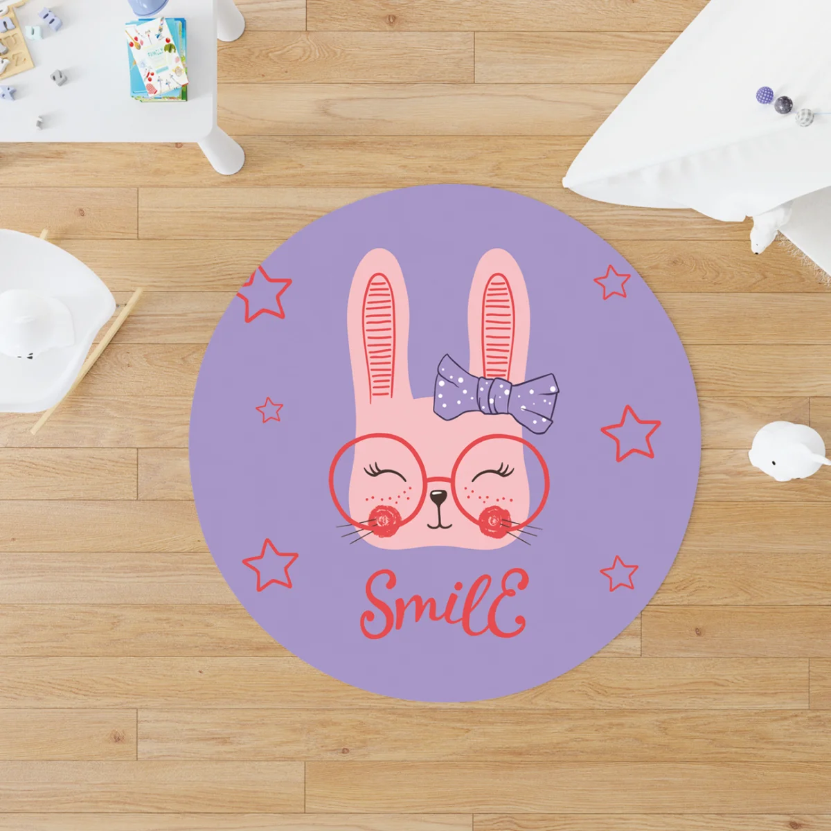 Tavşan Yuvarlak Halı | Mor yıldız, Smile yazısı Desenli