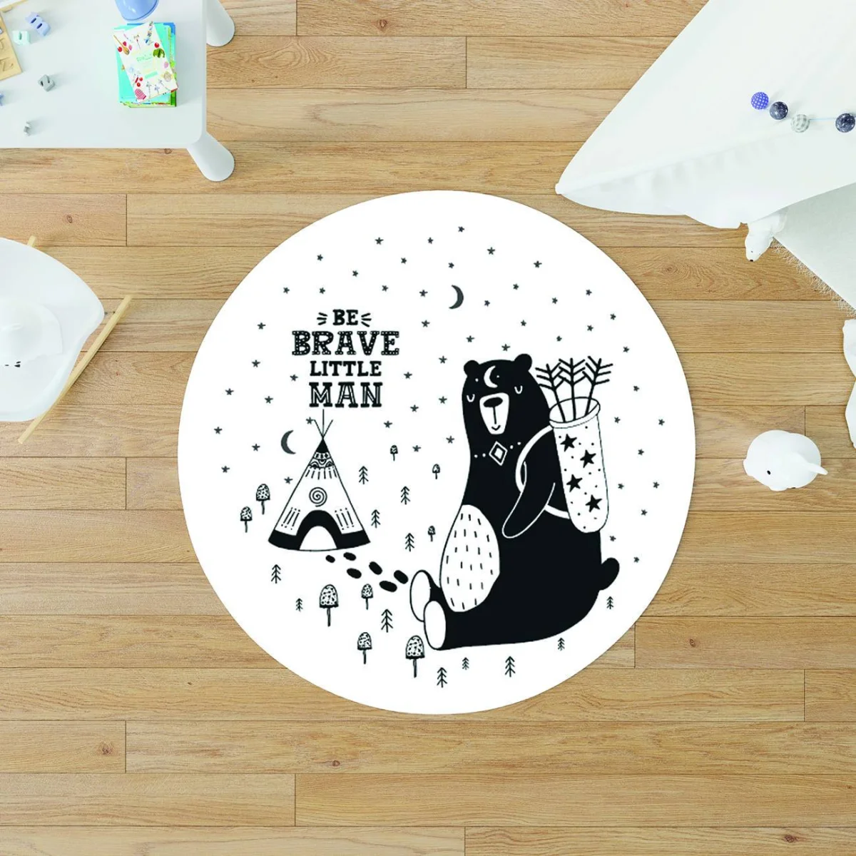 Ayı ve Orman Temalı Yuvarlak Halı | Beyaz ayı, çadır Desenli