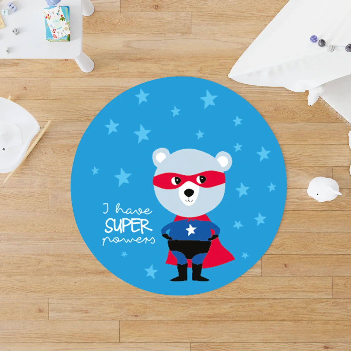 Süper Kahraman Ayı Yuvarlak Halı | Mavi yıldızlar, Süper Kahraman yazısı Desenli