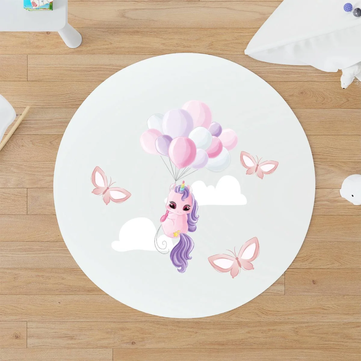 Unicorn Yuvarlak Halı | Açık mavi balon, bulut Desenli