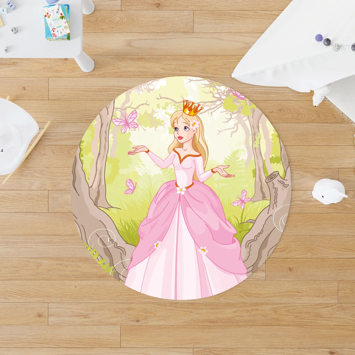 Prenses Yuvarlak Halı | Yeşil Kelebekler, ağaçlar Desenli