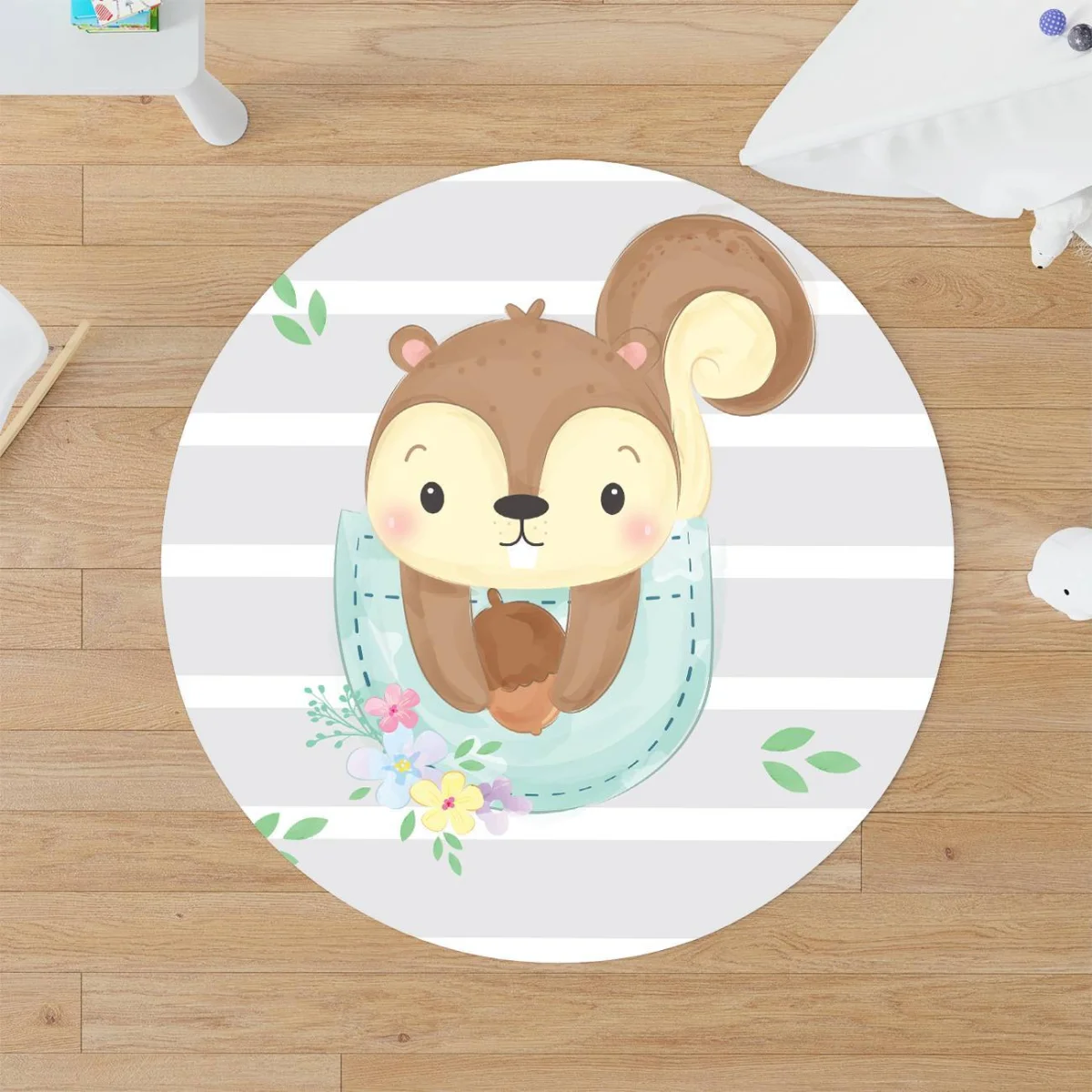 Orman Hayvanları Yuvarlak Halı | Mavi yapraklar, çiçekler Desenli