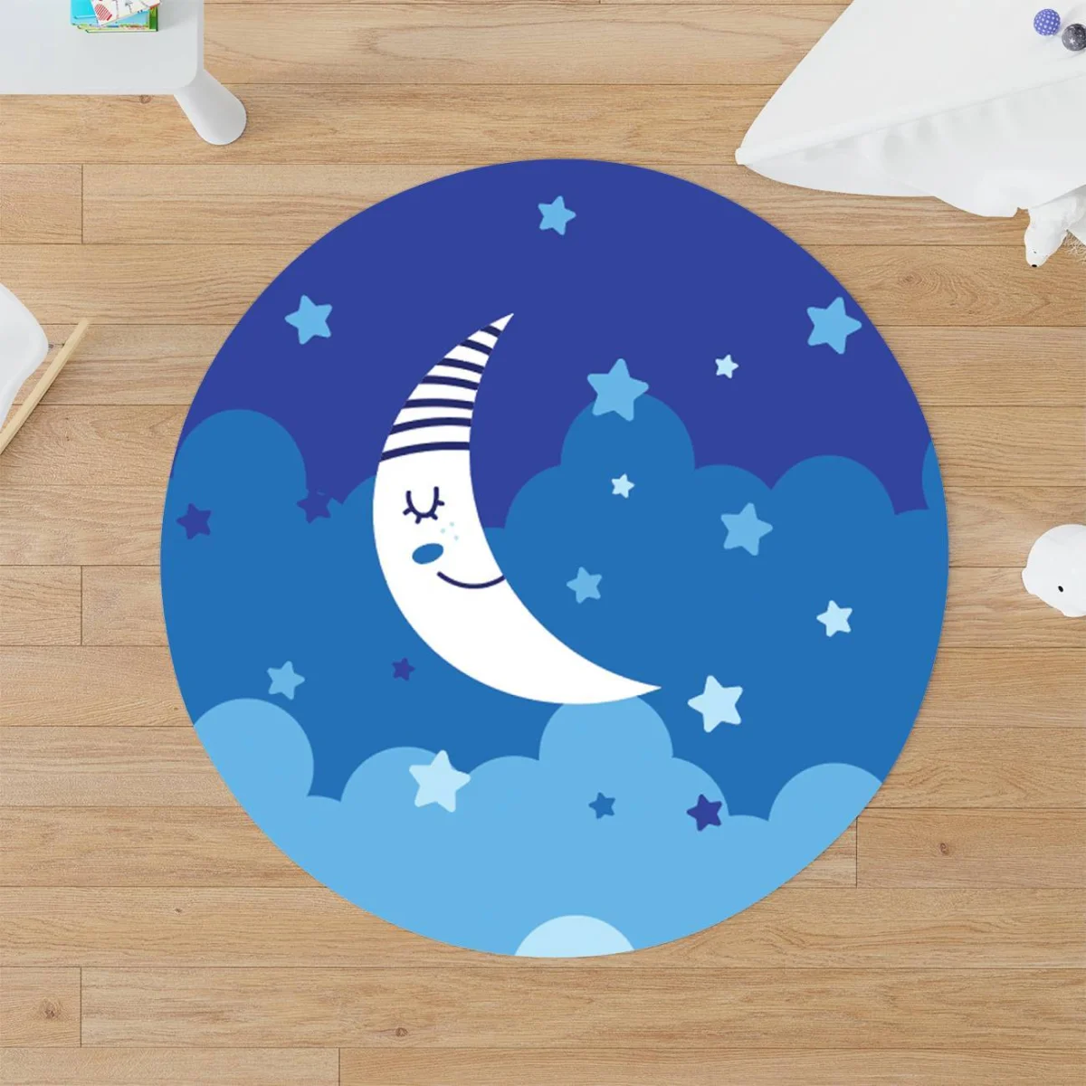 Ay ve Yıldızlar Yuvarlak Halı | Mavi Yıldız, bulut Desenli