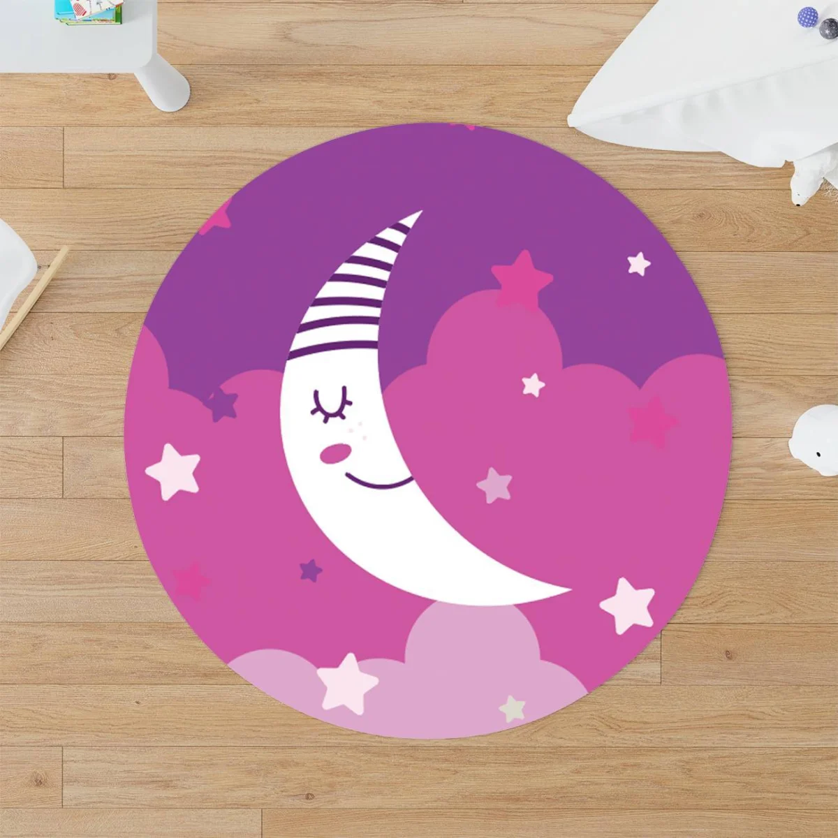 Ay ve Yıldızlar Yuvarlak Halı | Pembe uyuyan ay, yıldızlar Desenli
