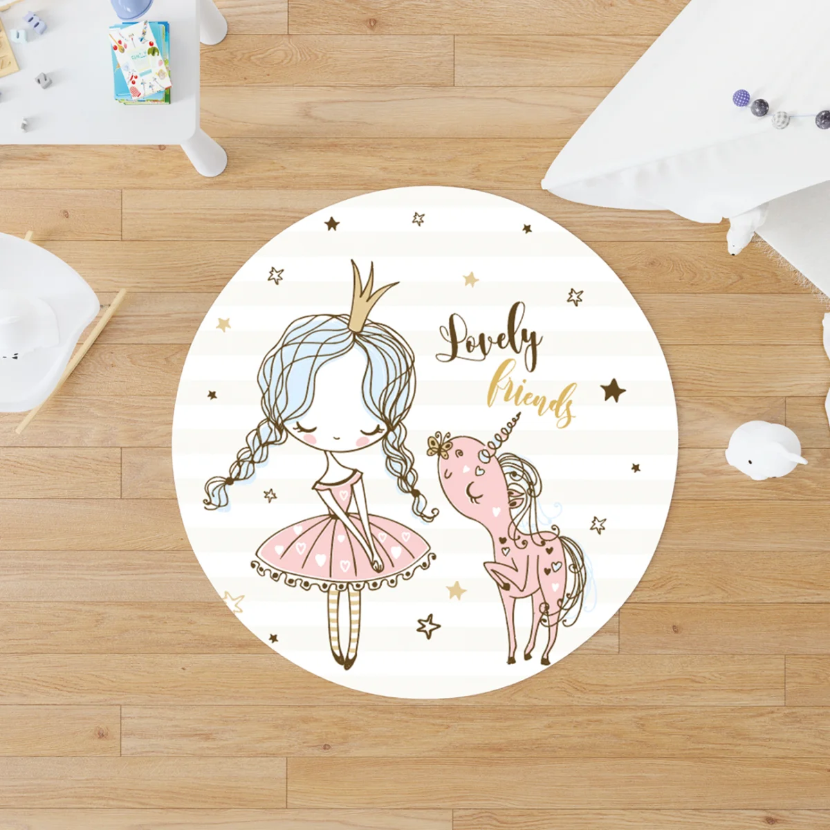 Prenses ve Unicorn Yuvarlak Halı | Beyaz yıldız, çizgili zemin Desenli