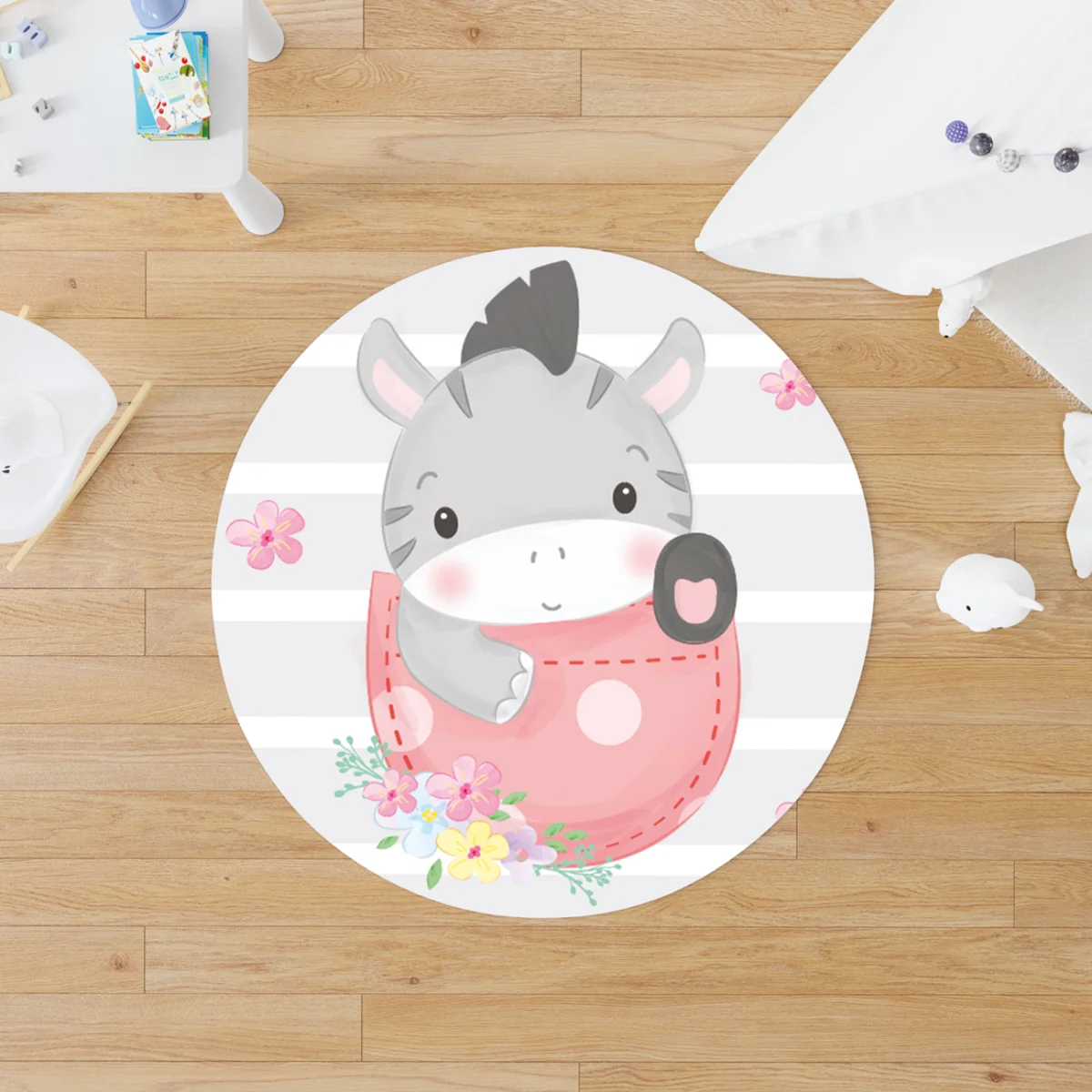 Zebra Yuvarlak Halı | Gri Çizgili zemin, renkli çiçekler Desenli