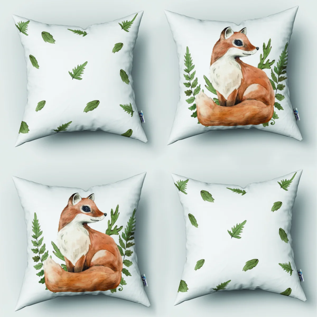 Tilki, Orman Hayvanları 4lü Kırlent | Beyaz Eğrelti otu, düşen yapraklar Desenli