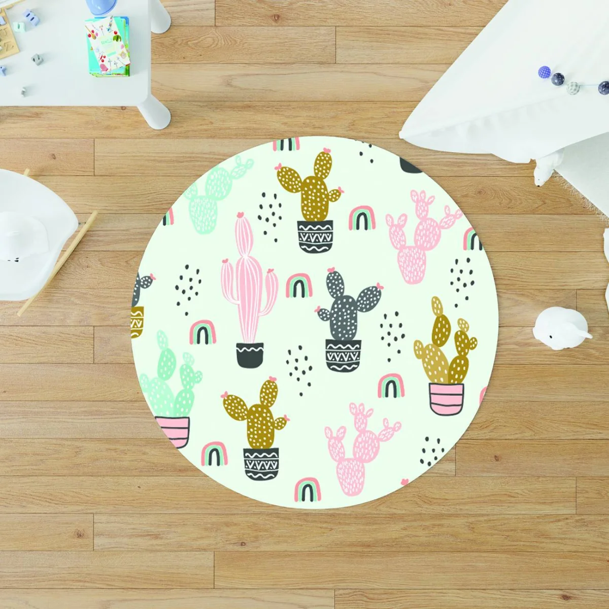 Lama Yuvarlak Halı | Açık Mavi Gökkuşağı, bulutlar Desenli