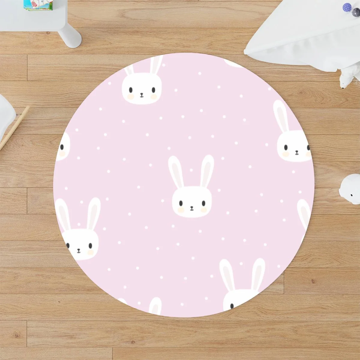 Tavşanlar Yuvarlak Halı | Pembe puantiye Desenli