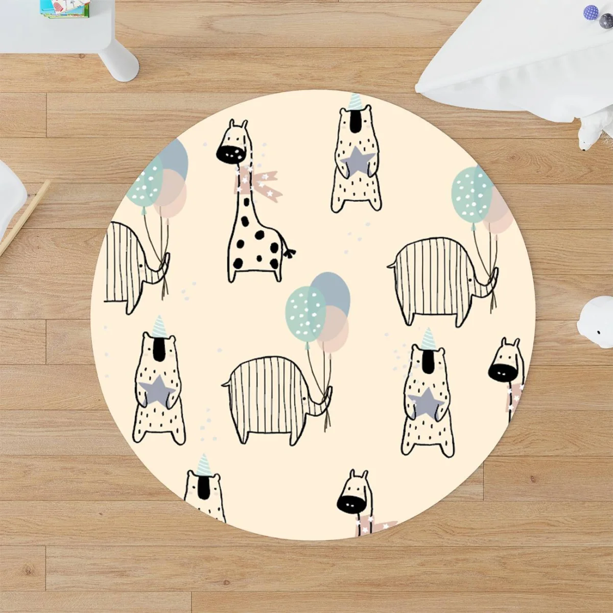 Orman Hayvanları Yuvarlak Halı | Bej balonlar, parti şapkaları Desenli