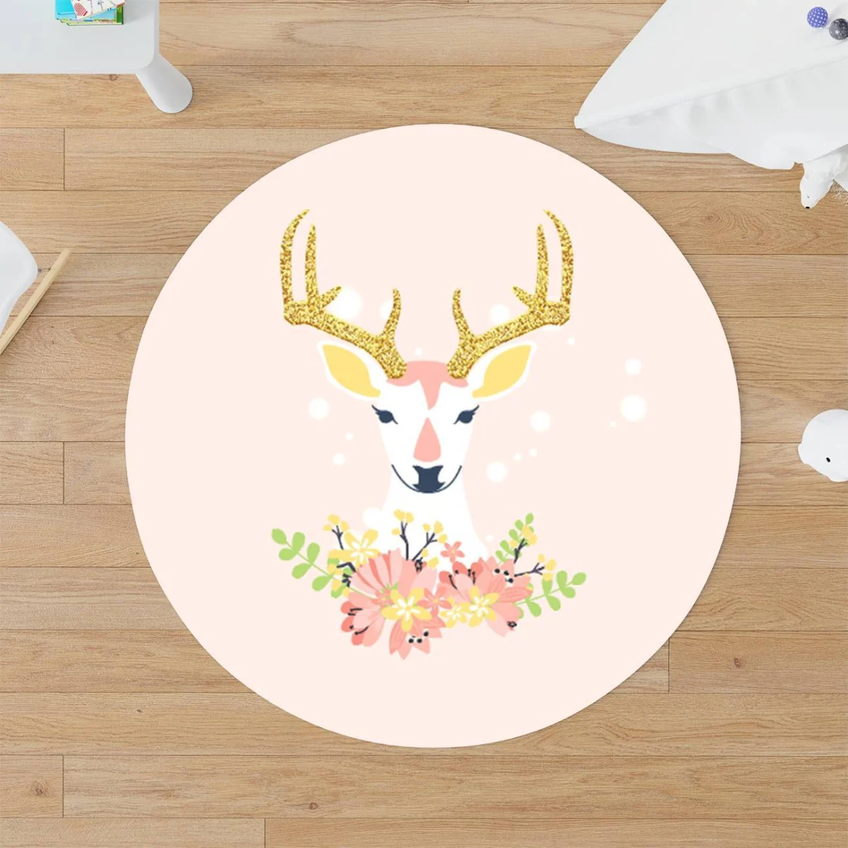 Geyik Yuvarlak Halı | Pembe simli boynuzlar, çiçekler Desenli