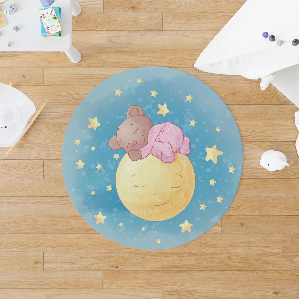 Ayı ve Ay Yuvarlak Halı | Mavi yıldızlar, uyuyan ayılar Desenli