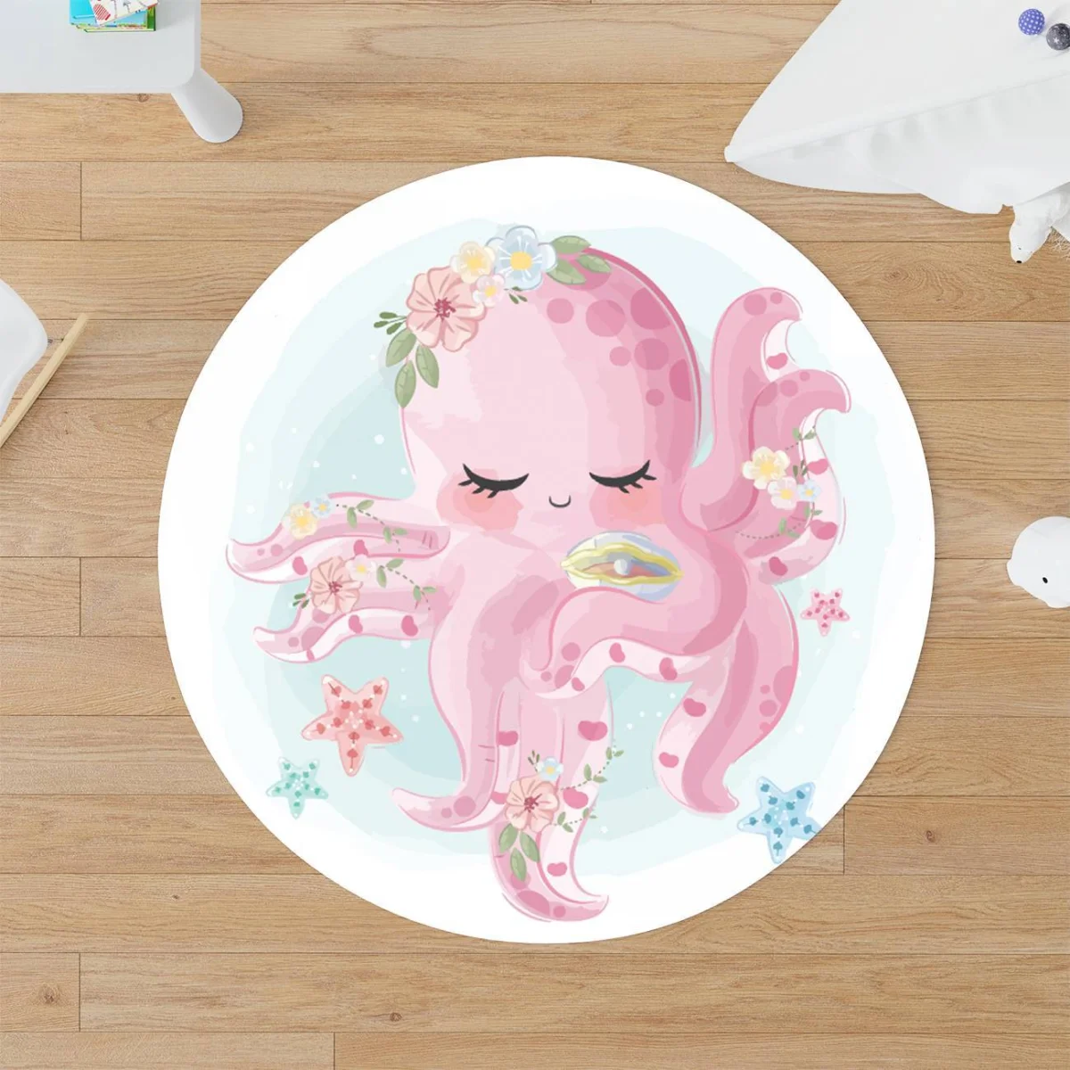 Ahtapot Yuvarlak Halı | Beyaz yıldız, çiçek Desenli