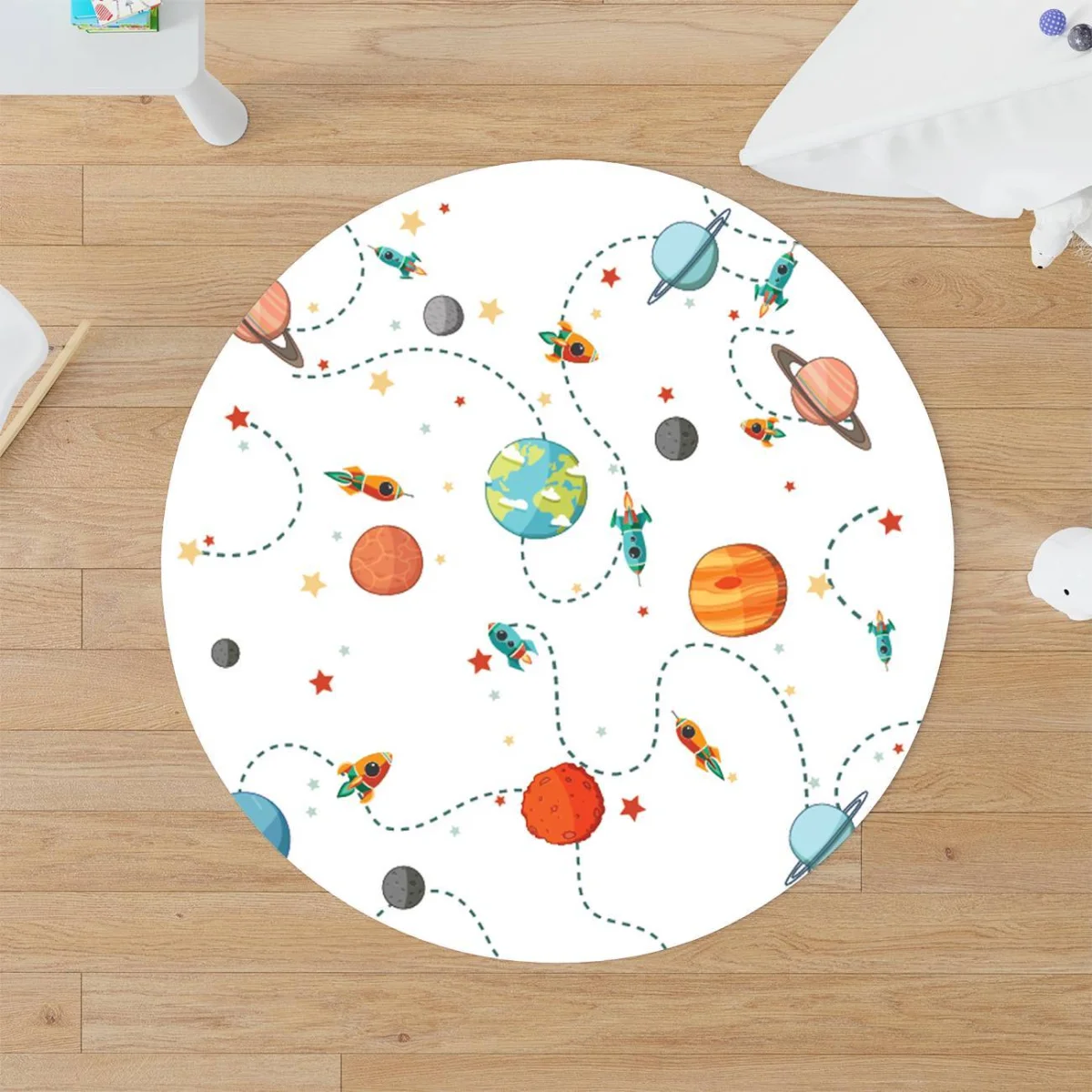 Uzay Yuvarlak Halı | Beyaz roketler, gezegenler Desenli