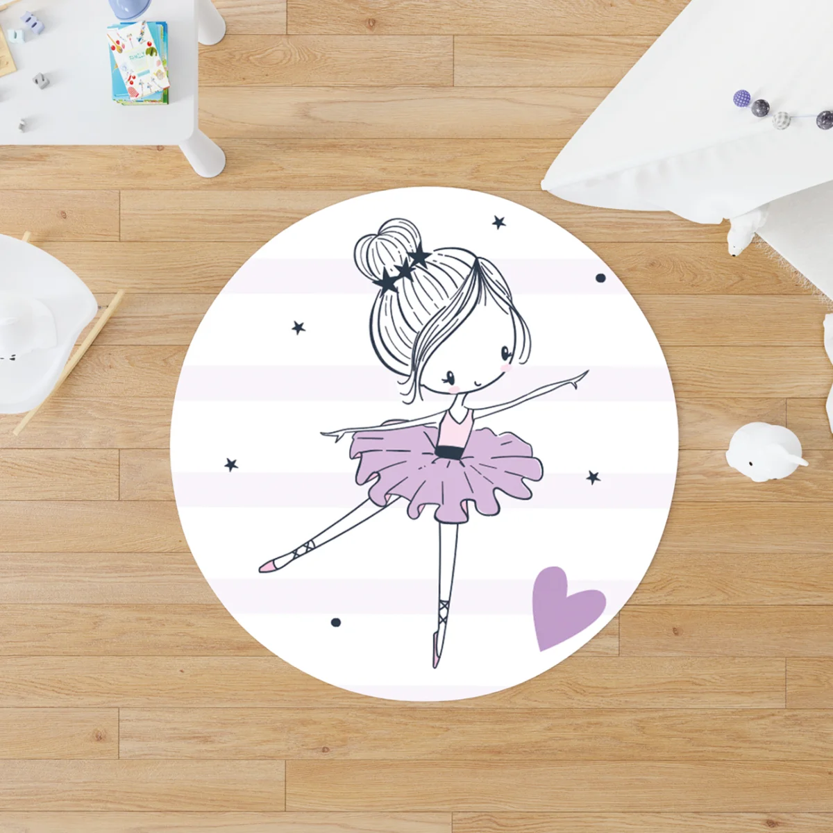 Balerin Yuvarlak Halı | Beyaz yıldızlar, kalpler Desenli