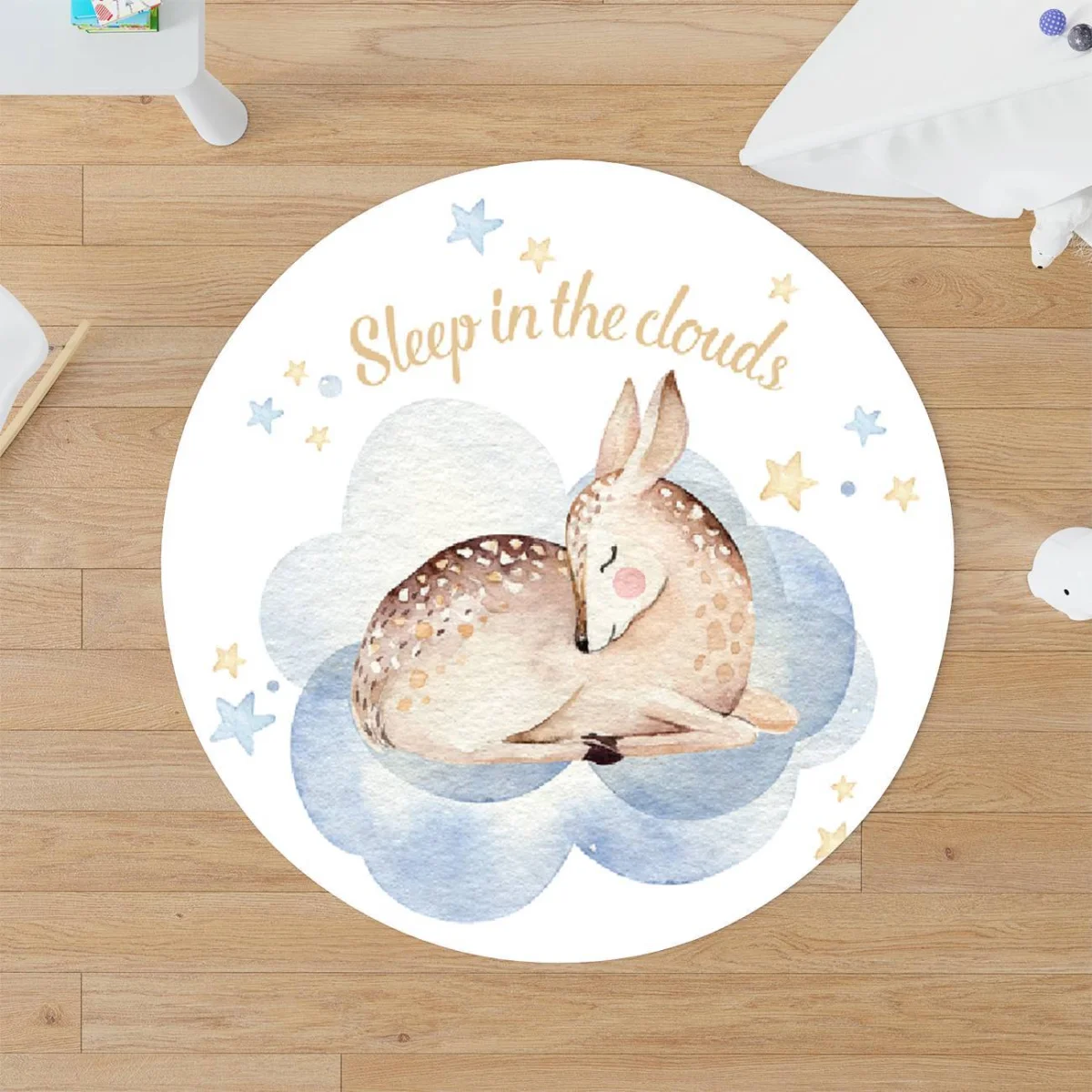 Orman hayvanları (Ceylan) Yuvarlak Halı | Beyaz Bulut, yıldız Desenli