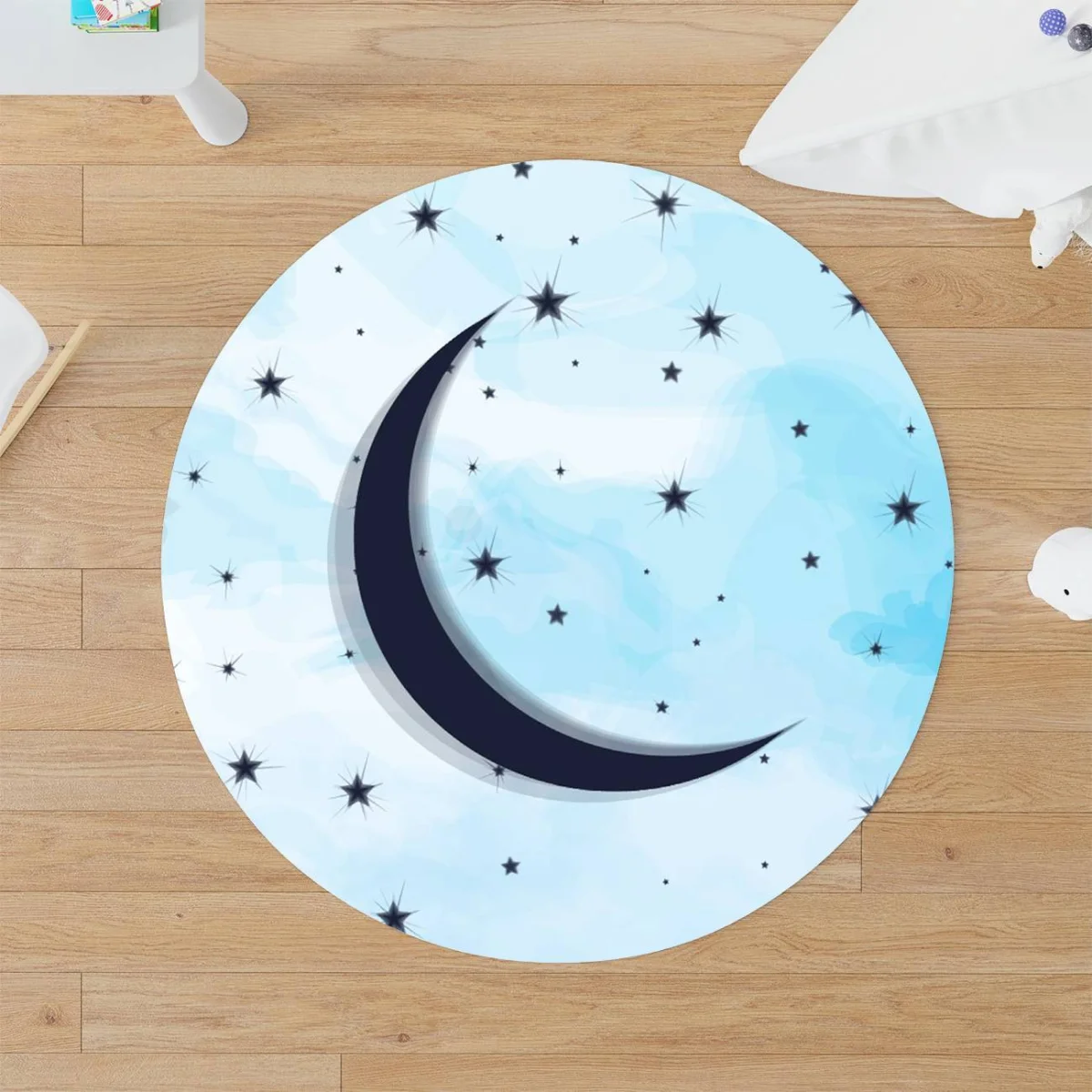 Ay ve Yıldızlar Yuvarlak Halı | Mavi yıldızlar, ay Desenli